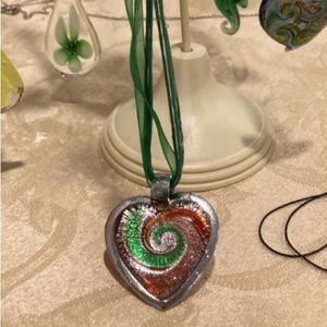 Red & Green Glass Blown Heart Pendant Ribbon Necklace